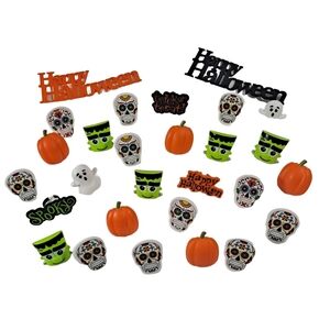 Lot Of 26 Halloween Rings & 2 Scripts Cake Toppers Skull Ghost Frankenstein NWOP